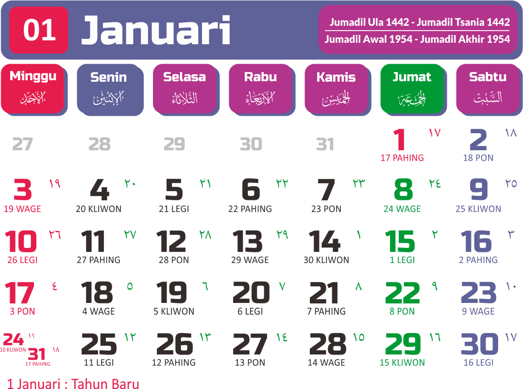 Kalender 2021 Bulan Januari Lengkap-lengkip