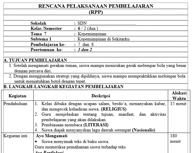 Download RPP 1 Lembar PJOK Kelas 6 Tema 7 K13 Revisi 2020 Semester 2