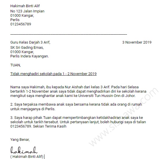 Panduan Lengkap : 9 Contoh Tulis Surat Rasmi Tidak Hadir Ke Sekolah Mengikut Sebab - Sis Hawa | Blog Lifestyle Penuh Infomasi