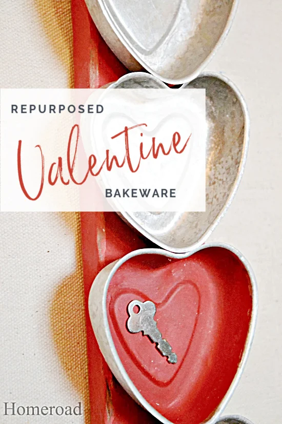 repurposed bakeware with hearts and a key and overlay