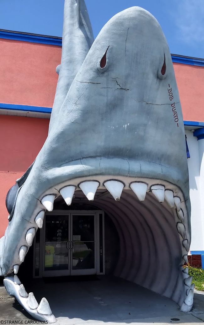 A shark on the facade of a tourist shop in the resort town of