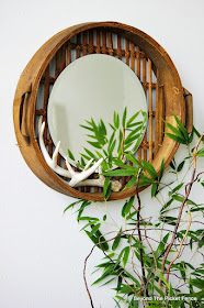mirror, DIY, basket,upcycled, repurposed, antlers, round mirror, Michaels craft, http://bec4-beyondthepicketfence.blogspot.com/2015/10/round-basket-mirror.html