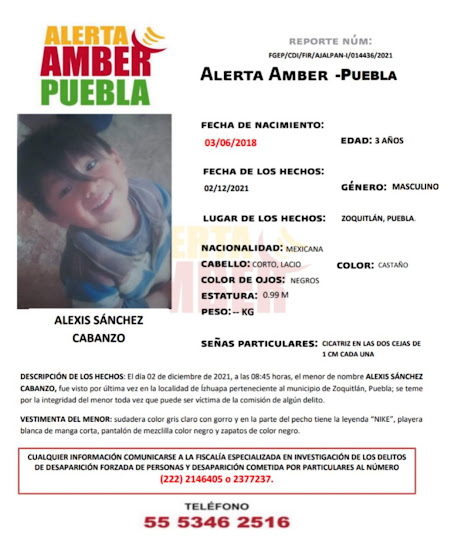 FGE Puebla activa Alerta Amber para localizar a menor de 3 años