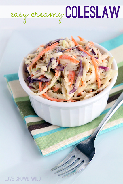 Easy Creamy Coleslaw recipe perfect for Summer parties and cookouts! The best coleslaw I've ever made! via LoveGrowsWild.com #recipe