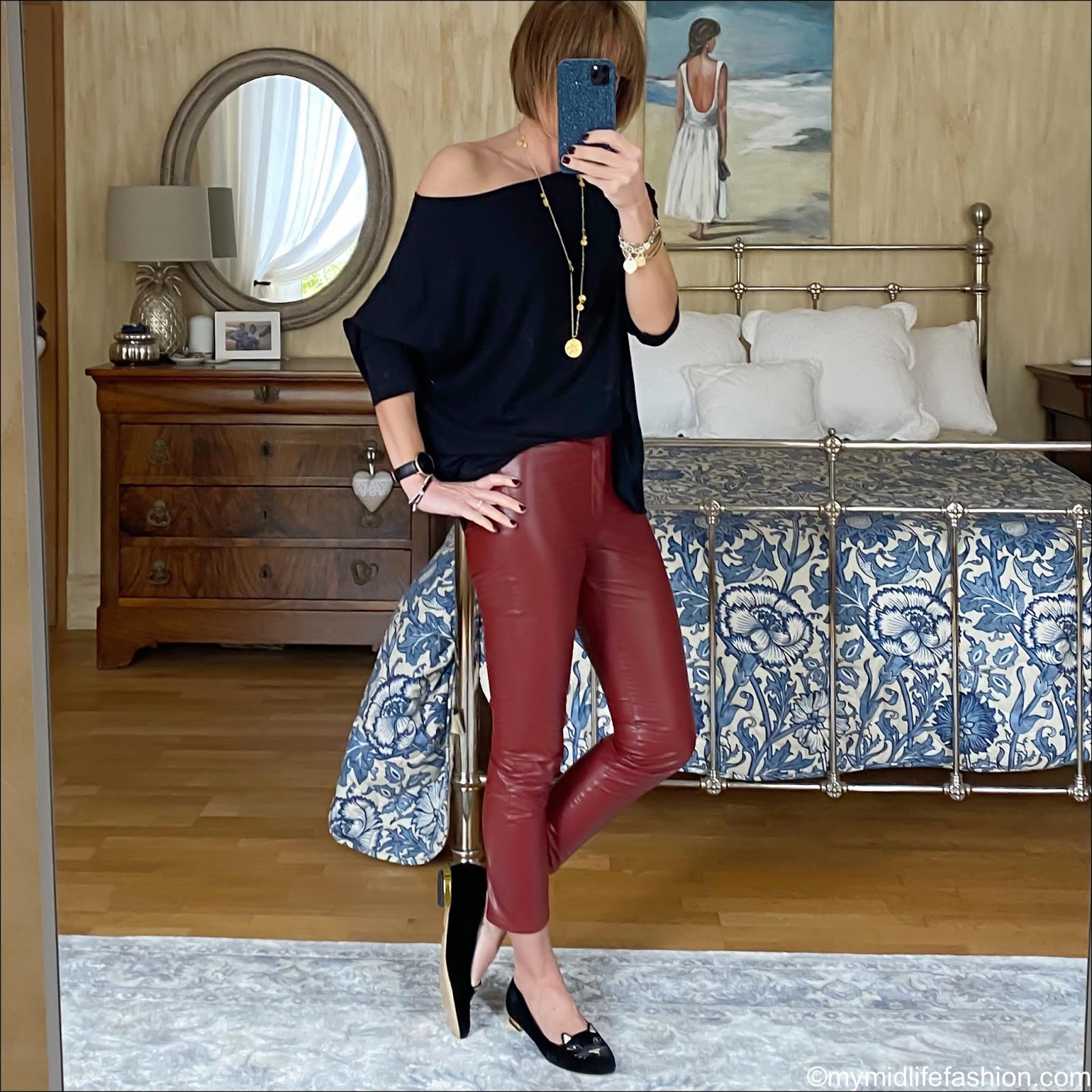my midlife fashion, Charlotte Olympia kitty cat face embroidered velvet flats, all saints Rita long sleeve t shirt, Isabel Marant Etoile faux leather trousers, Ashiana necklace