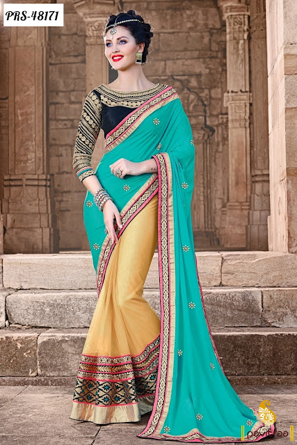 Diwali festival special turquoise simmer designer lehenga style saree online with discount at pavitraa.in