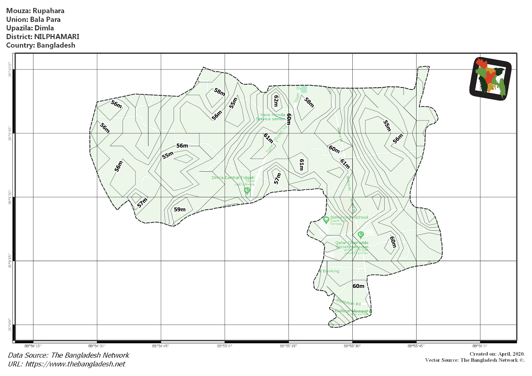Map of Rupahara Mouza of Dimla Upazila, NILPHAMARI, Bangladesh.