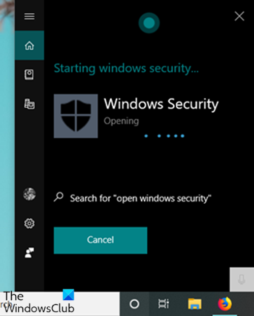 Откройте Безопасность Windows через Cortana