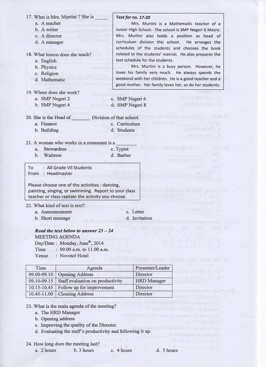 Soal UAS Genap Bahasa Inggris TP 2015/2016 Kelas 7 dan 8 Soal UAS Genap Bahasa Inggris TP 2015/2016 Kelas 7 dan 8