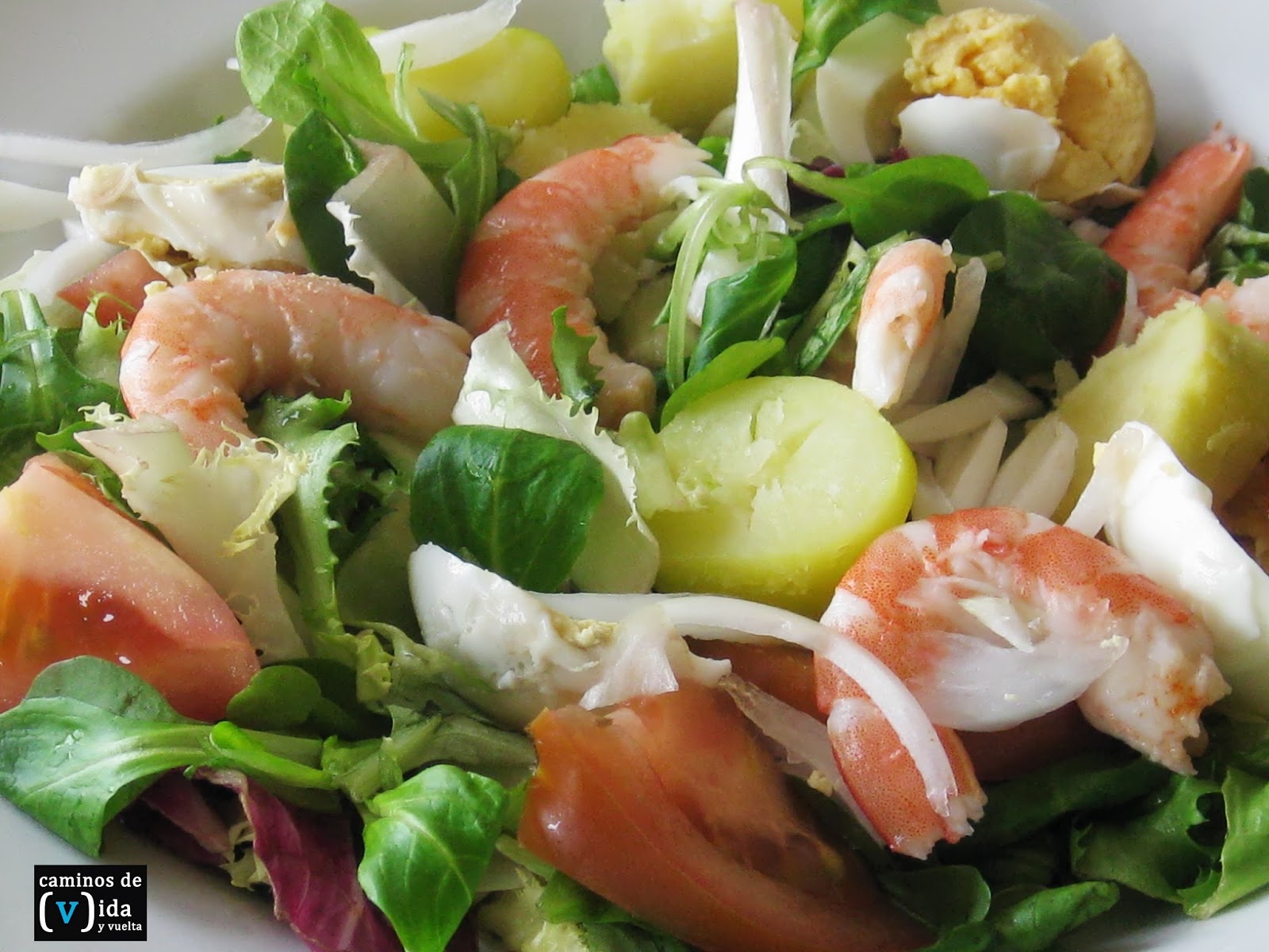PLATOS DEL CAMINO: ensalada con langostinos, patata y huevo cocidos.