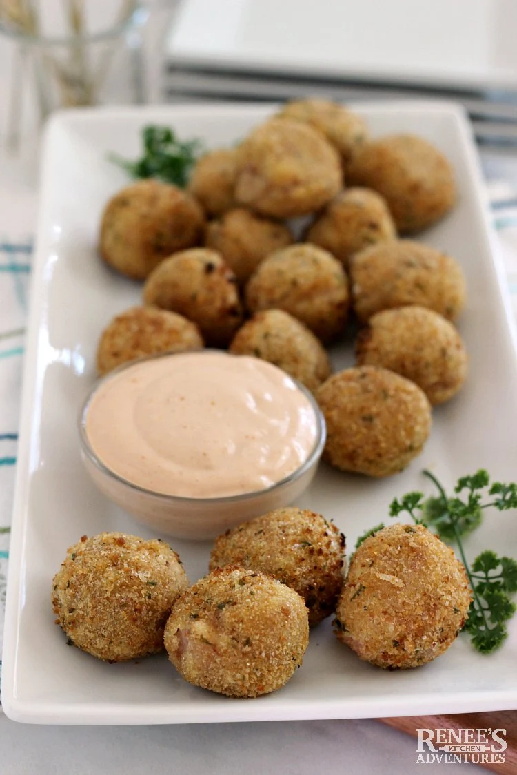 Another angle of sauerkraut balls ready to eat on try with dipping sauce