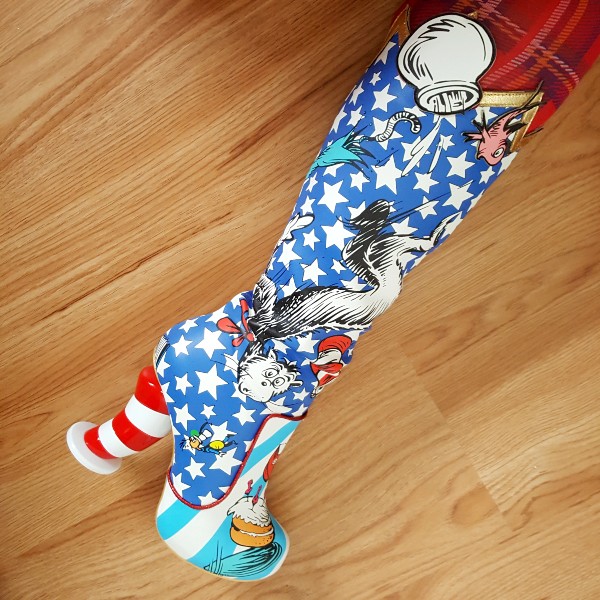 close up of illustrated Dr Seuss knee high boots