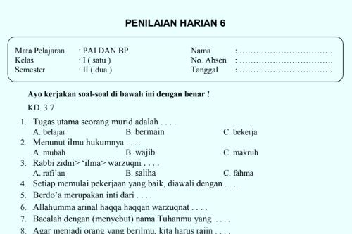 Contoh Soal Ujian Sd Kelas 1