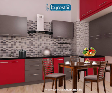 Red and Grey combination wpc kitchencabinates by eurostarkitchen