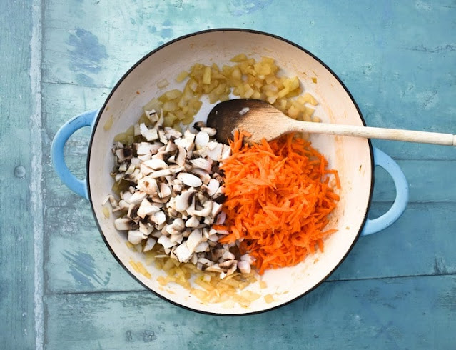 Making Vegan Haggis Step 4 Making Vegan Haggis Step 4 (carrots and mushrooms added to the pan)