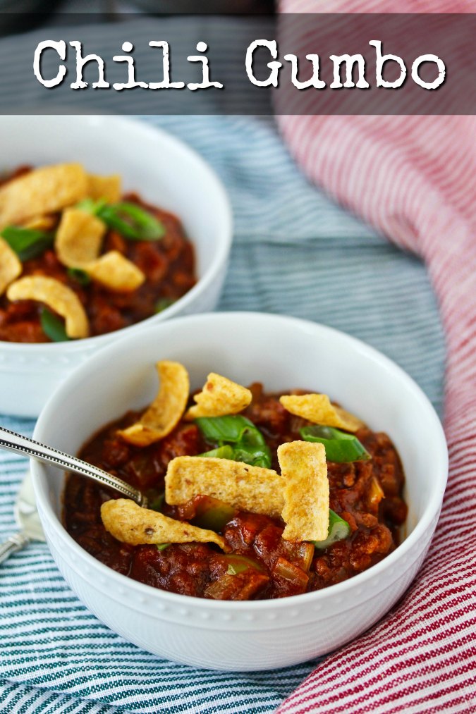 Chili Gumbo! Make some chili, make some gumbo, and then mix them all together. With a roux and the holy trinity of gumbo (onions, bell pepper, and celery), it's pretty much a creole take on meaty chili.