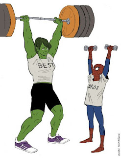 She Hulk and Spiderman working out 