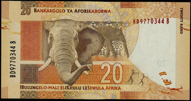 South African Currency 20 Rand banknote 2012 African bush elephant - The Famous Big Five animals of Africa
