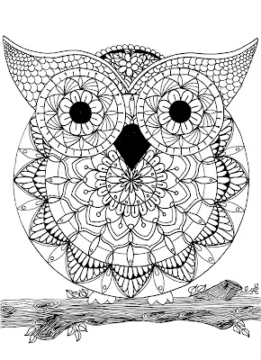 this is the image of an owl drawn by joining three mandalas together and then tracing the ears and branch using a fine drawing pen