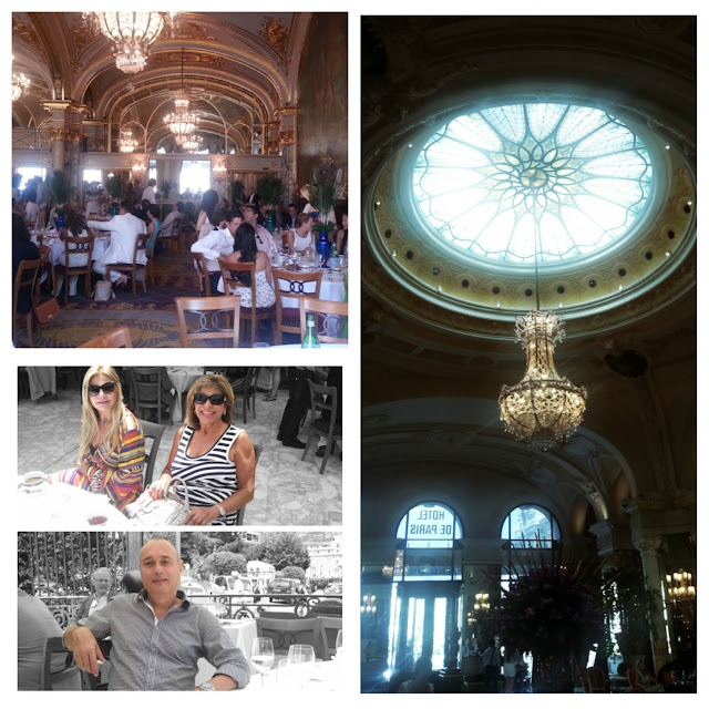 Inside the Hotel de Paris for brunch; outside on the terrace with my friend Firuze Hariri, a fashion designer from San Francisco and my husband, Rafael Gabeiras.