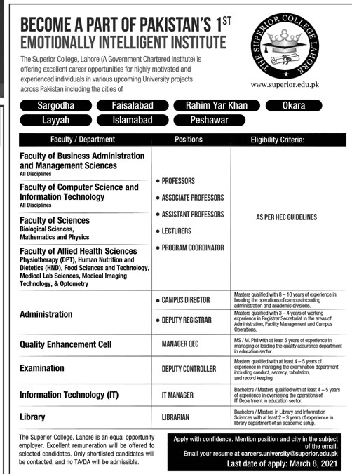 Online Apply:- careers.university@superior.edu.pk - Superior College Jobs 2021 - Superior College Careers - Superior College Hiring - Superior College Recruitment
