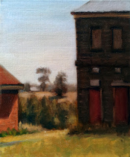 Oil painting of a boarded-up Victorian-era bluestone building beside a smaller red-brick building with distant trees and a small rise.