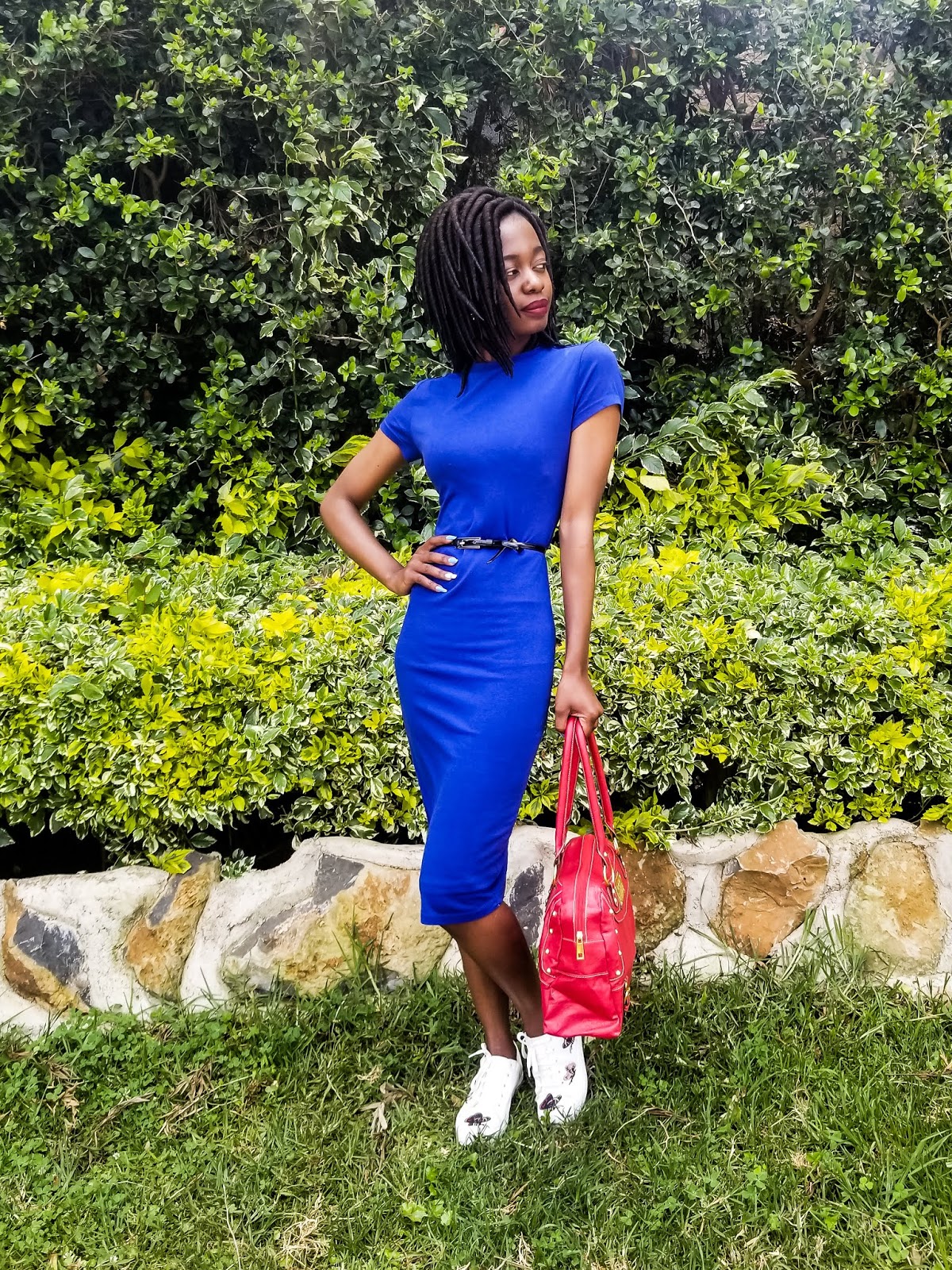 A Blue Bodycon Dress With Sneakers Outfit