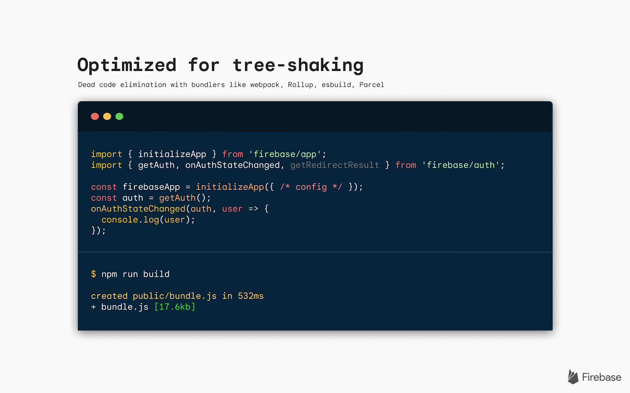 An illustration titled Optimized for tree-shaking. Dead code elimination with bundlers like webpack, Rollup, esbuild, Parcel. Followed by a code terminal with the code sample below.