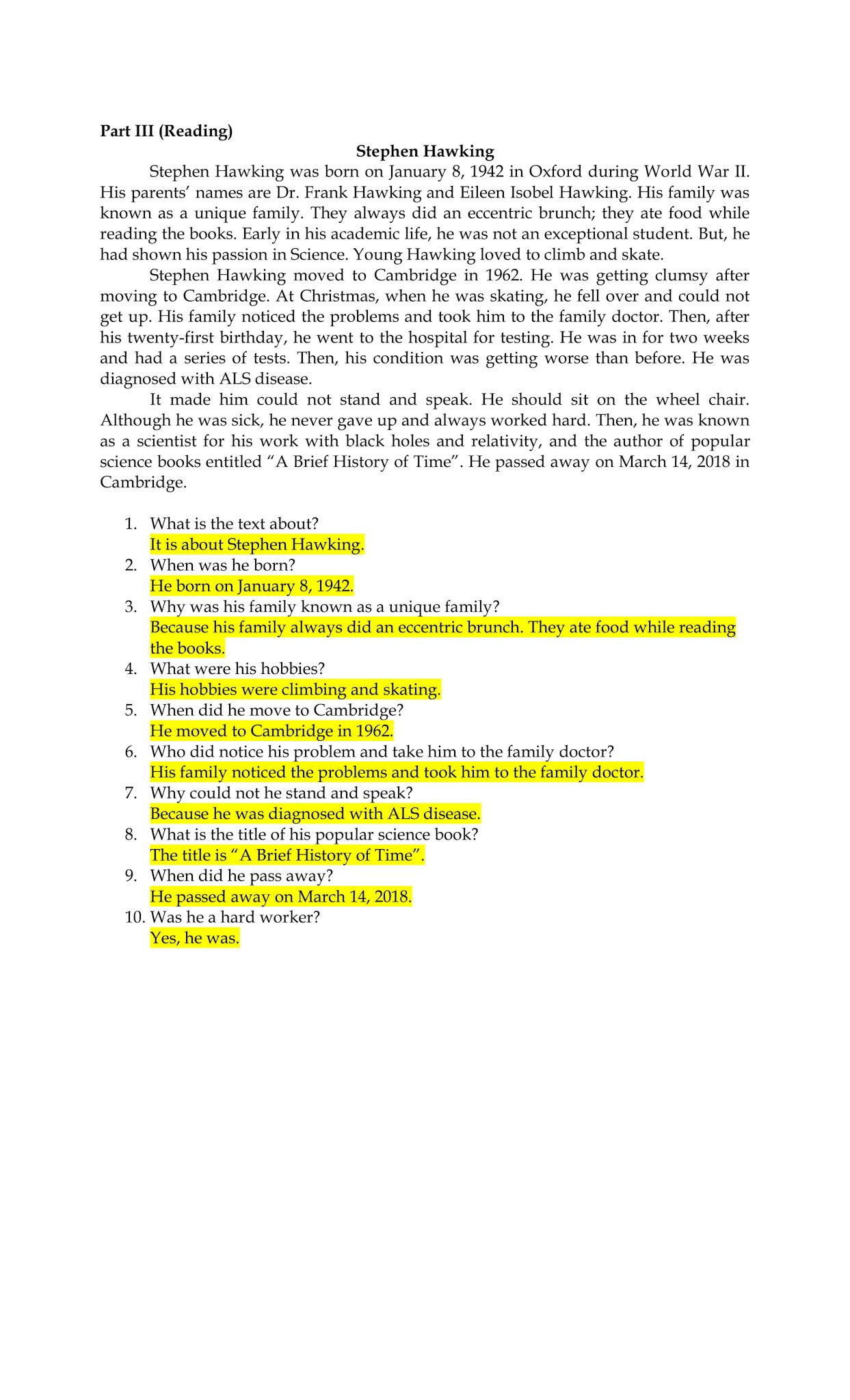 Answer Key of English Monthly Test I Grade 5 SD BPS