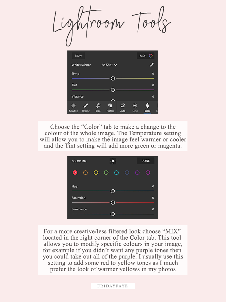 Infographic showing how modify colour settings in Lightroom