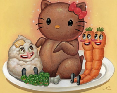 Hello Kitty as a weird Hello Kitty roast chicken dinner with vegetables alternative art