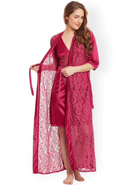 Claura - Burgundy Lace Satin Nightdress with Lace Robe ST-17