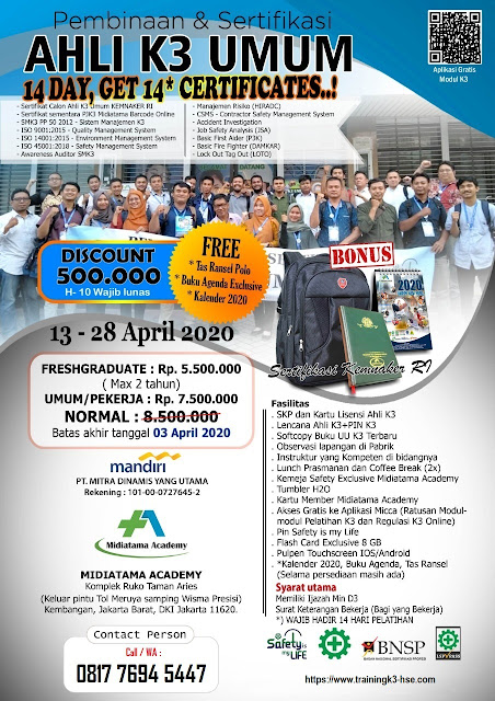Ahli K3 Umum kemnaker tgl. 13-28 April 2020 di Jakarta