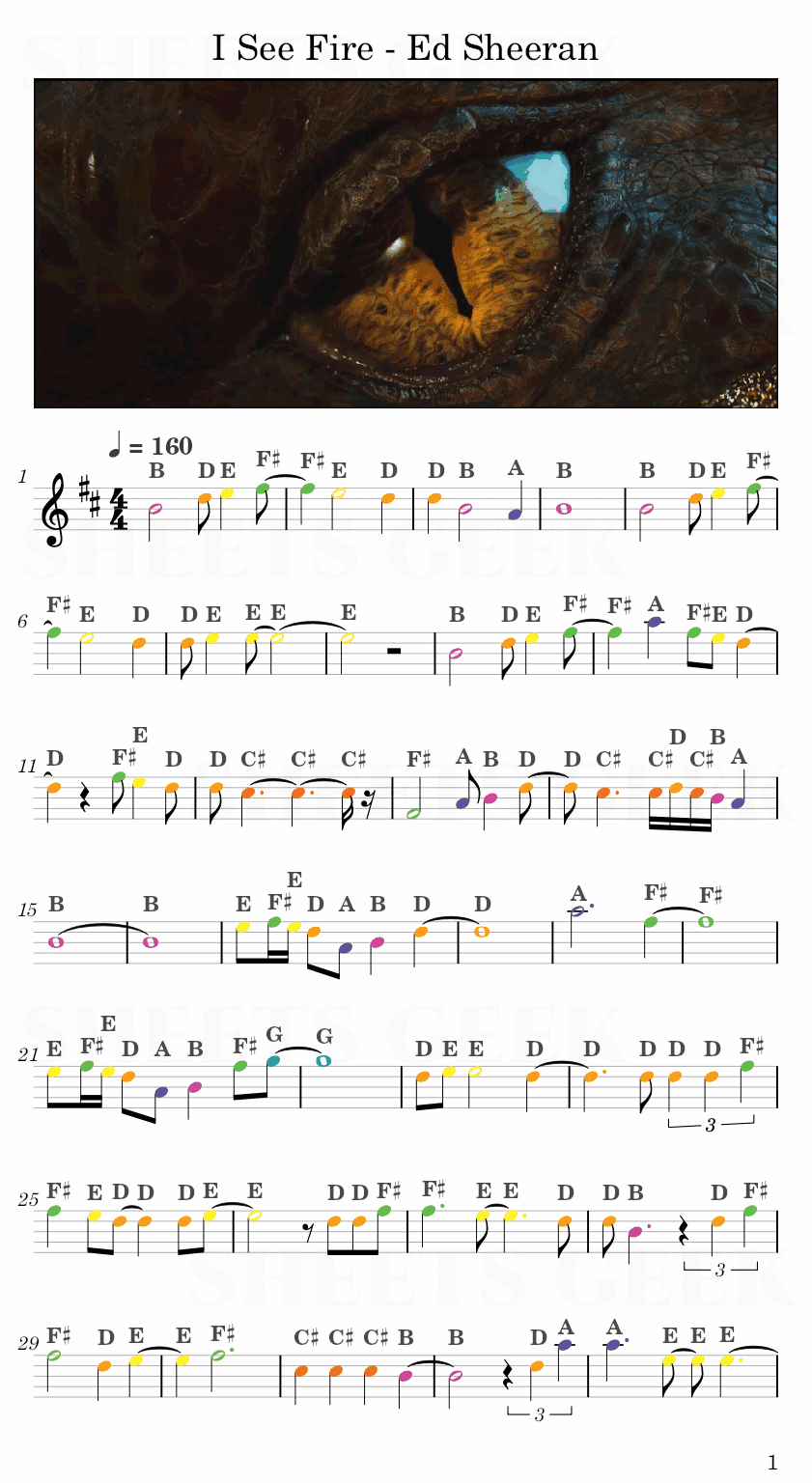 I See Fire - Ed Sheeran (The Hobbit) Easy Sheet Music Free for piano, keyboard, flute, violin, sax, cello page 1