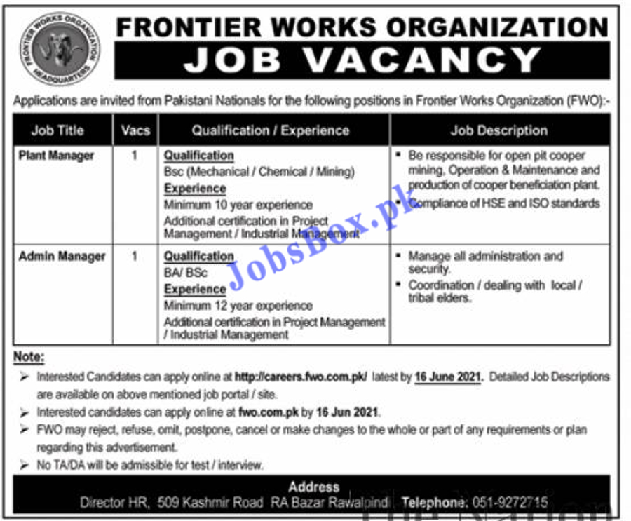 Frontier Works Organization FWO Jobs 2021 - careers.fwo.com.pk