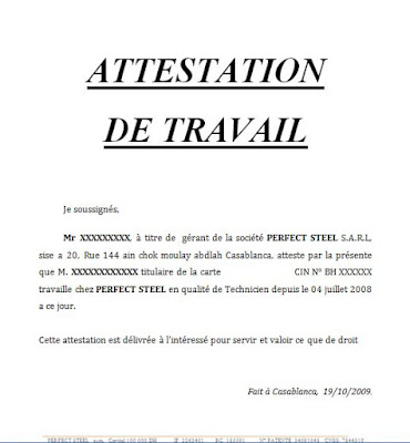 Modèles d'attestations de travail word doc maroc