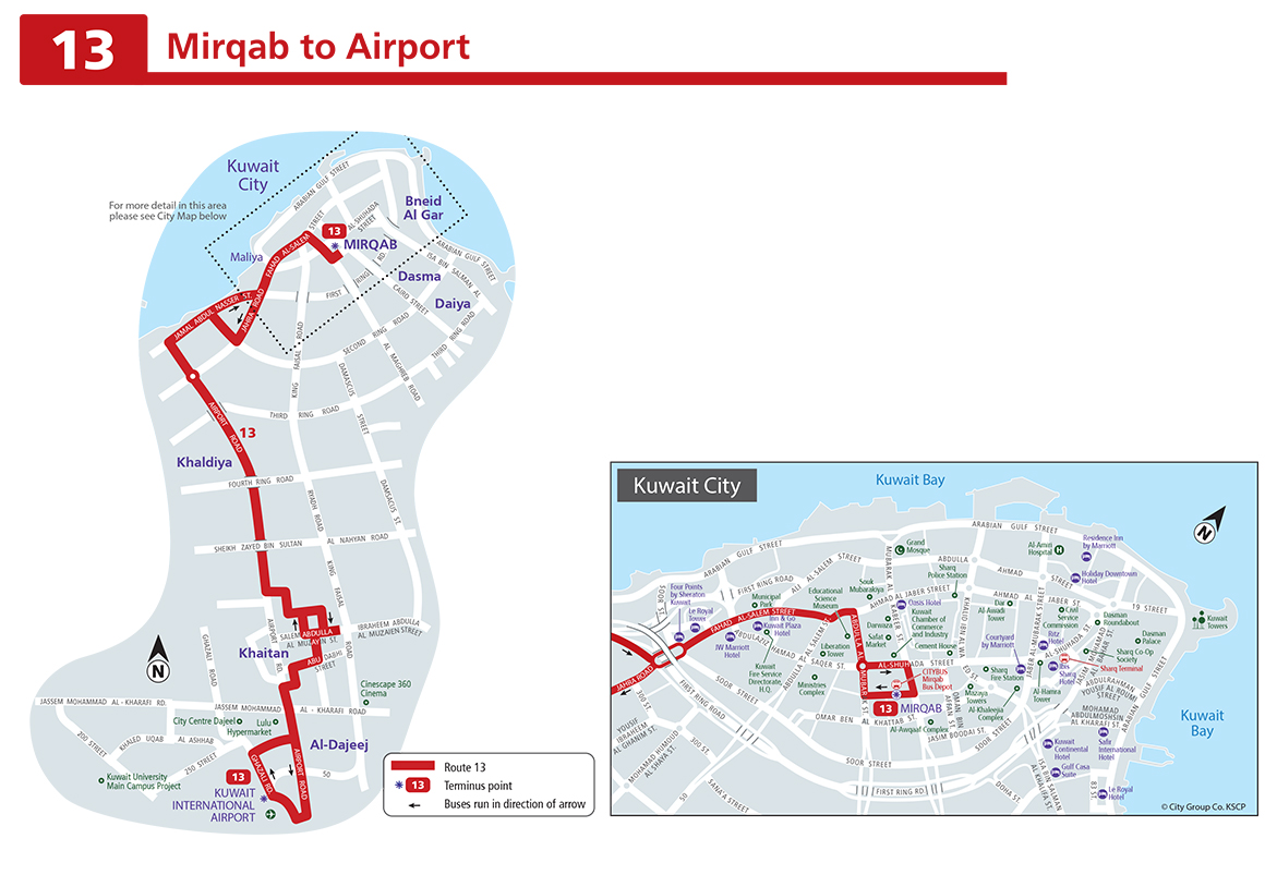 Kuwait bus route service 13 from Mirqab to Khaitan To Airport