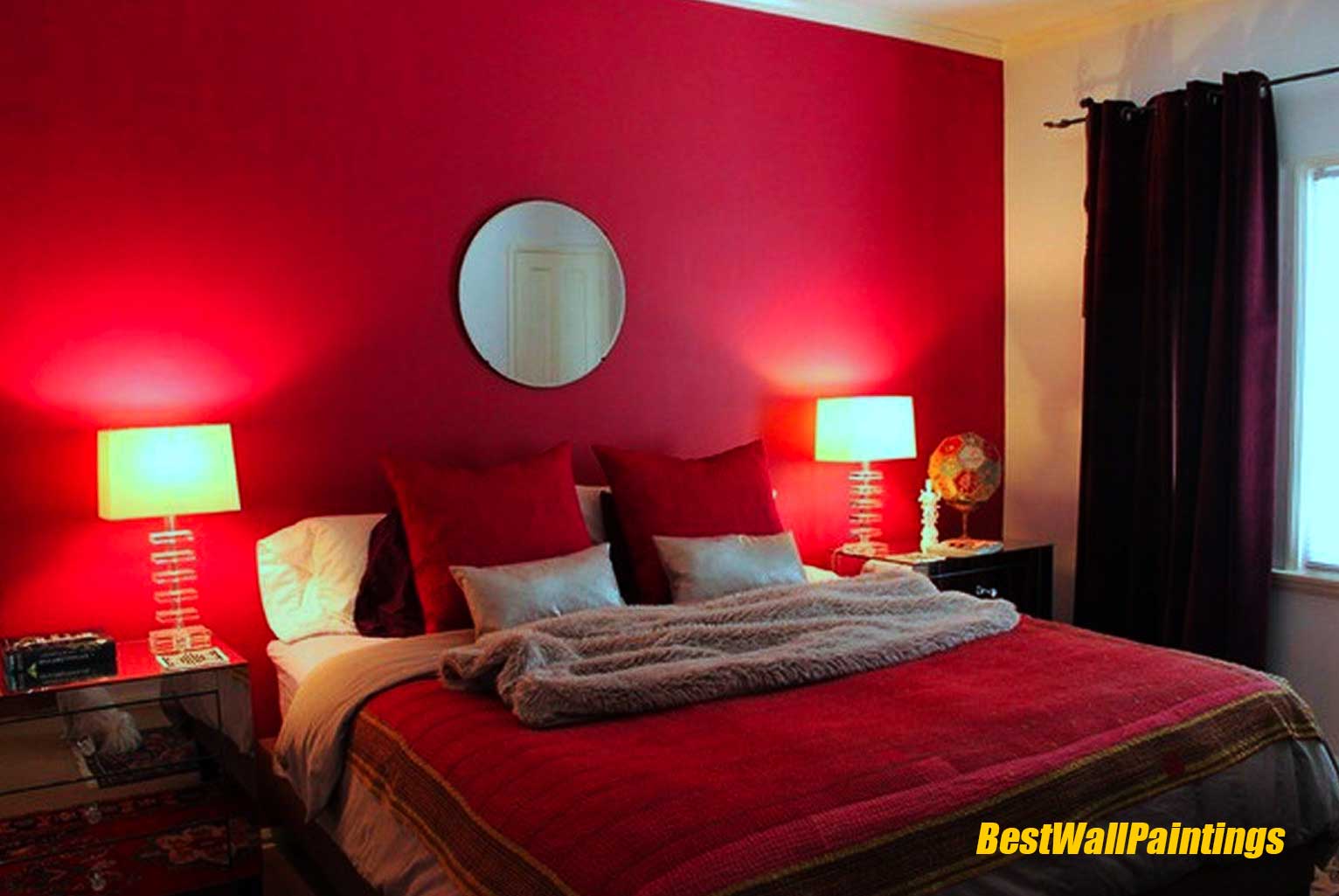 Red Bedroom Wall With Mirror and Beautiful Night Lamp