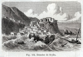 This engraving shows the tsunami crashing into the  fishing village of Scilla, with boats capsizing