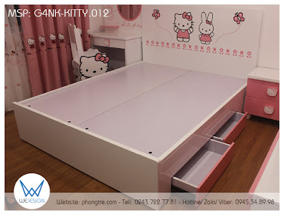 Giường 4 ngăn kéo Hello Kitty và Melody dạo chơi vườn hoa G4NK-KITTY.012 thiết kế cho nhu cầu bố trí giường ngủ kê giữa phòng