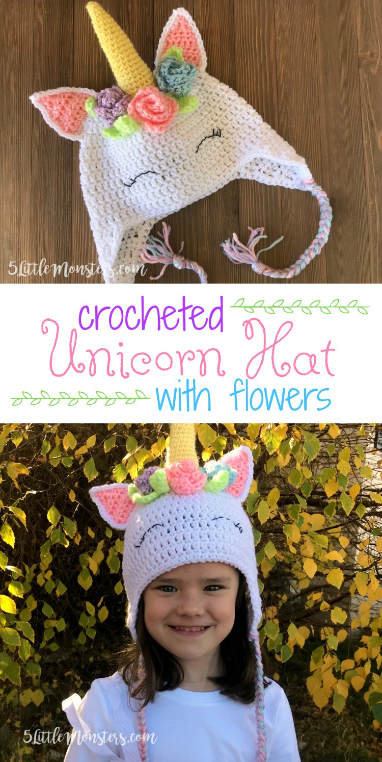 5 Little Monsters Crocheted Unicorn Hat With Flowers