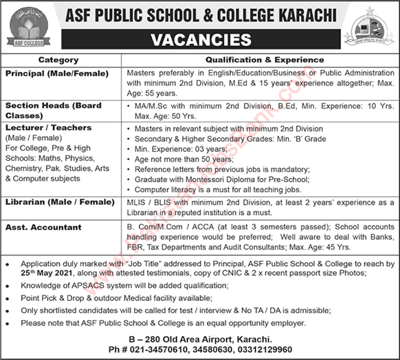 ASF Airport Security Force ASF jobs 2021- ASF Public School and College jobs 2021