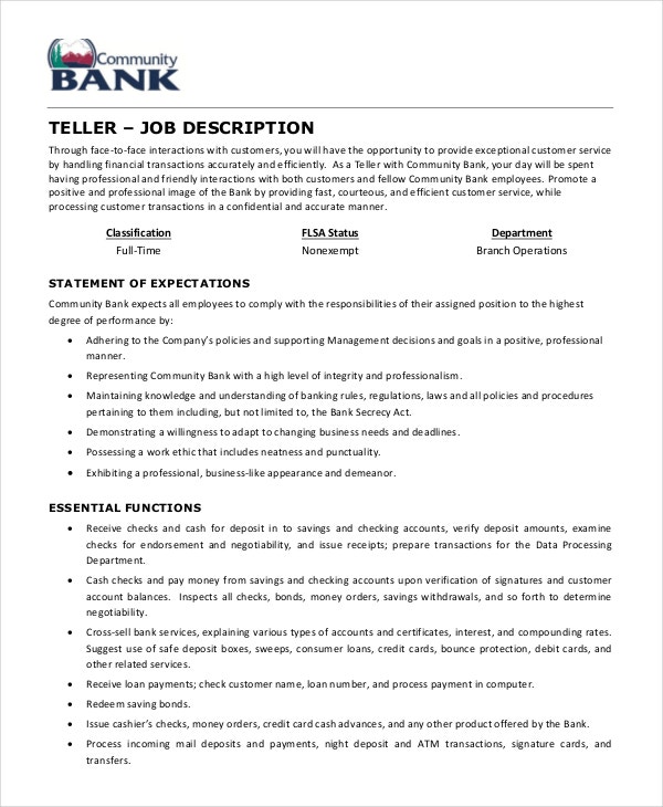Teller Job Description Resume Letter