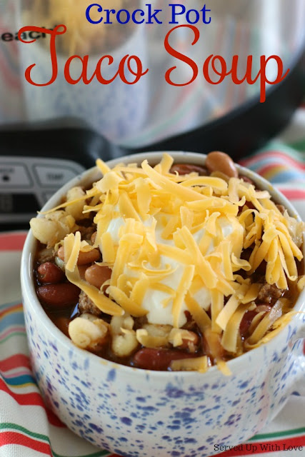 Crock Pot Taco Soup recipe from Served Up With Love will keep you warm and toasty on a cold day. Filled with all the flavors you love in a taco. Perfect for any night of the week.