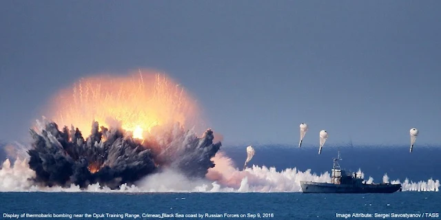 Image Attribute: Display of thermobaric bombing near the Opuk Training Range, Crimean Black Sea Coast by Russian Forces on September 9, 2016 / Source: Sergei Savostyanov / TASS