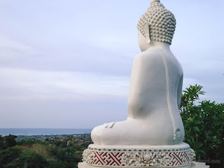 Natural Scenery Behind Big White Buddha Statue At Buddhist Temple North Bali Indonesia
