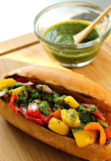 Grilled Veggie Sandwich with Chimichurri Sauce on a Toasted Bun