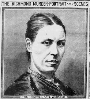 The Prisoner, Kate Webster Black and white printed newspaper illustration (drawing) portrait of a woman in Victorian dress, hatless, with severe hairstyle and serious expression looking directly at the viewer. Captions read 'The Richmond Murder: Portraits and Scenes' and 'The prisoner, Kate Webster'.