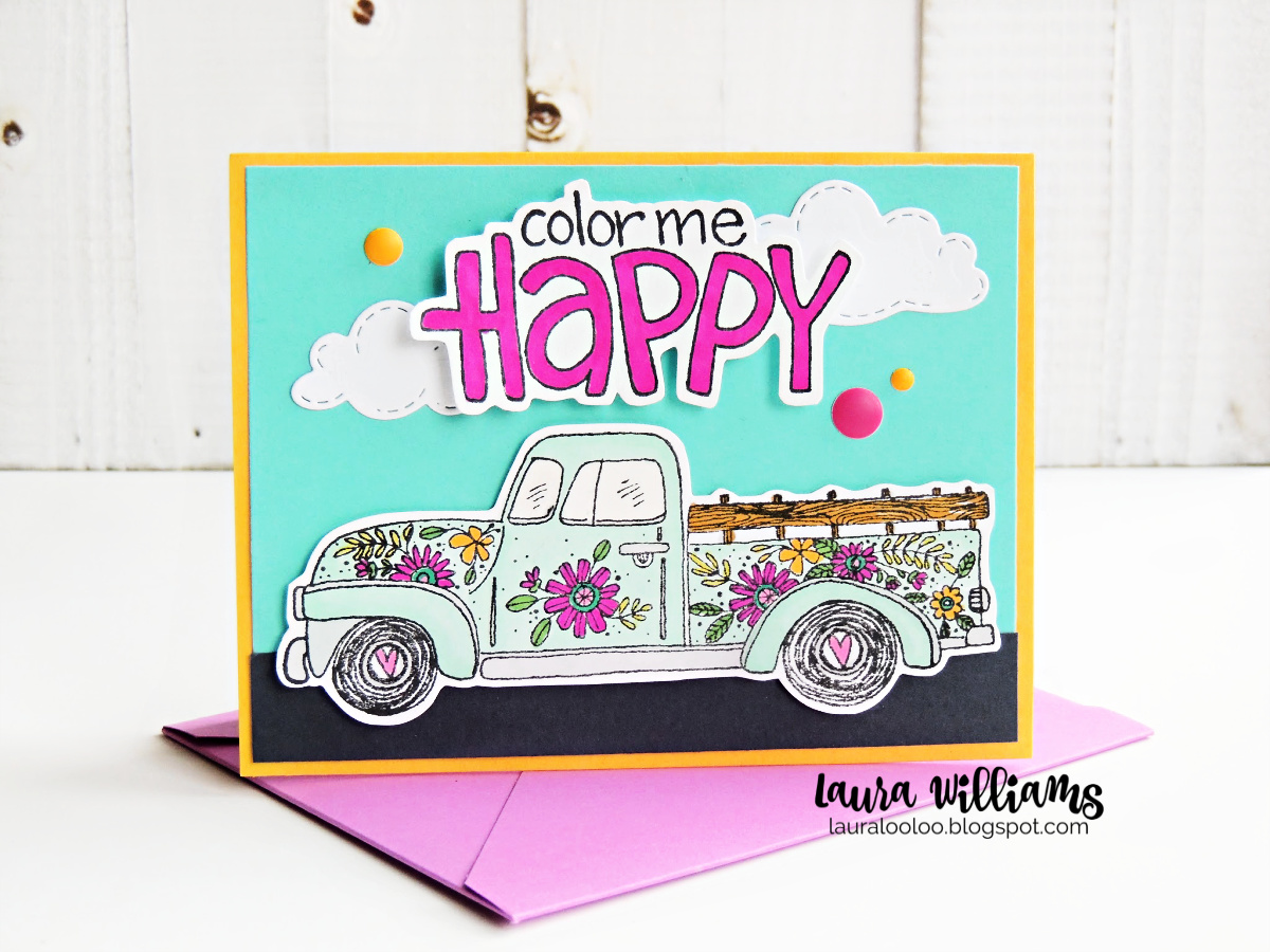 Color Me Happy Handmade Card idea with Impression Obsession Spring Truck stamp. #cardmaking #impressionobsession #lauralooloo