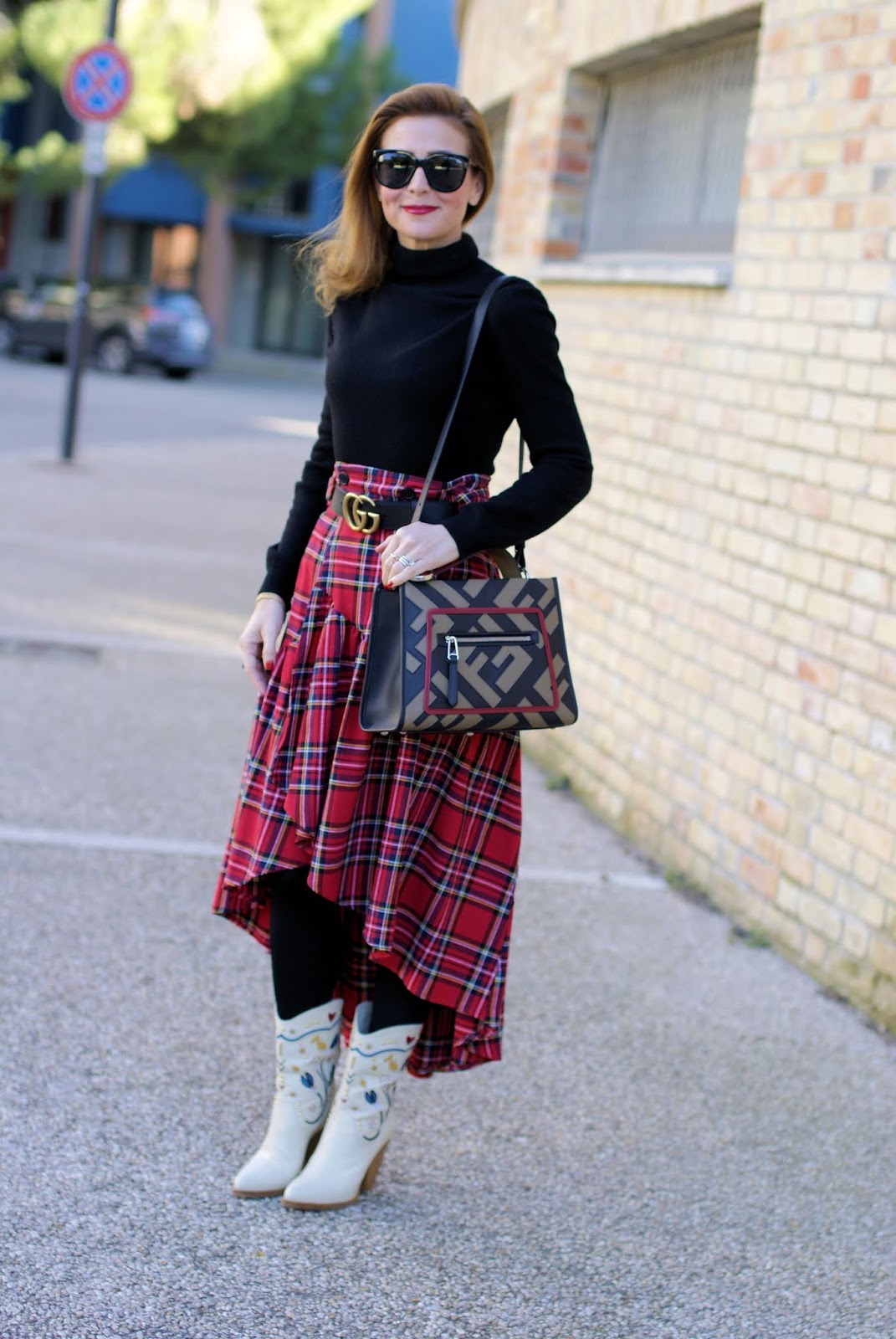 Plaid ruffled skirt and Fendi Runaway Logo bag on Fashion and Cookies fashion blog, fashion blogger style